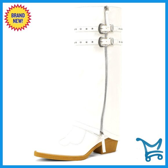 Women's Knee High Fold Over Cowboy Boots Pointed Toe Chunky Heel Zipper